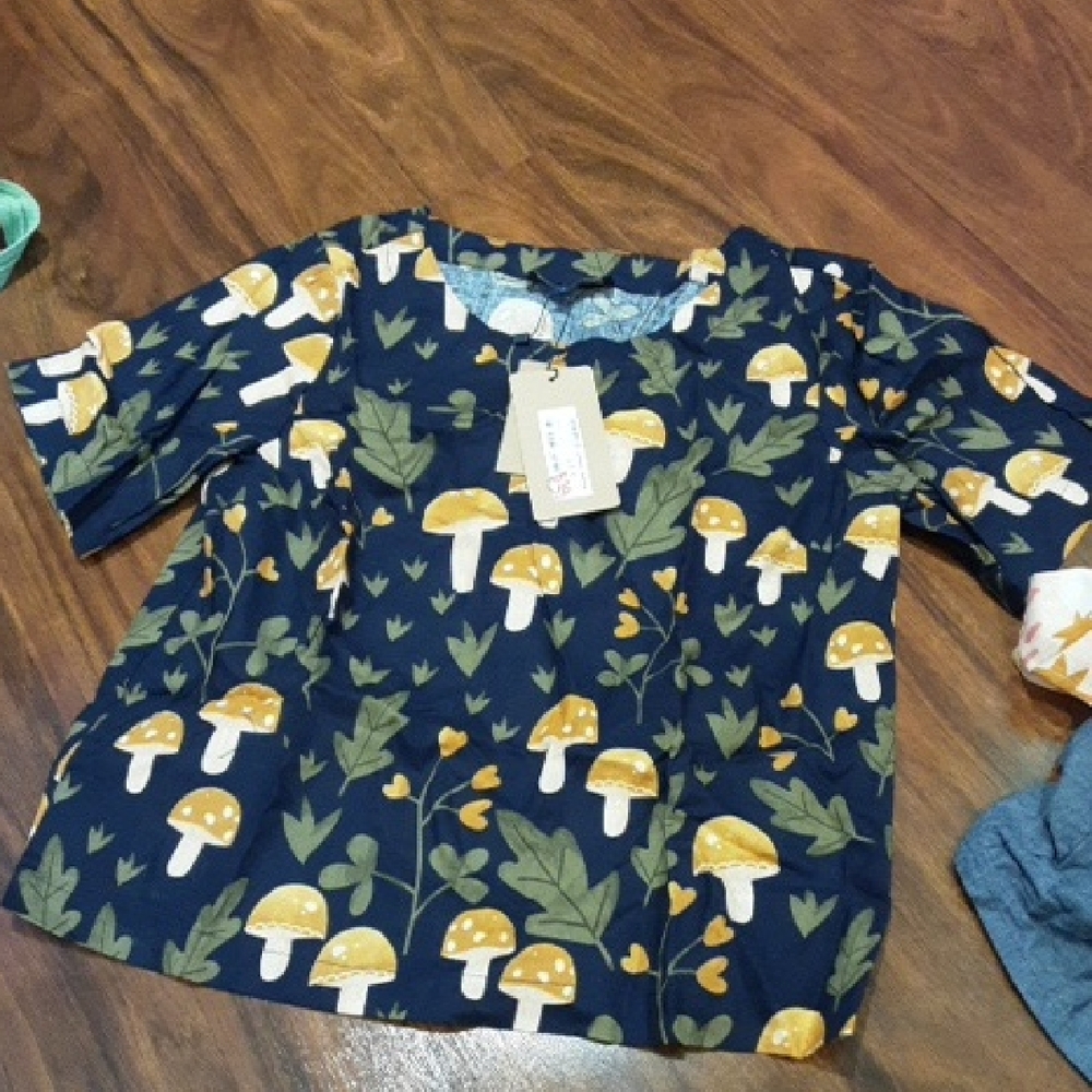 Princess Highway Mushroom Print Woven Shirt - Navy and Mustard